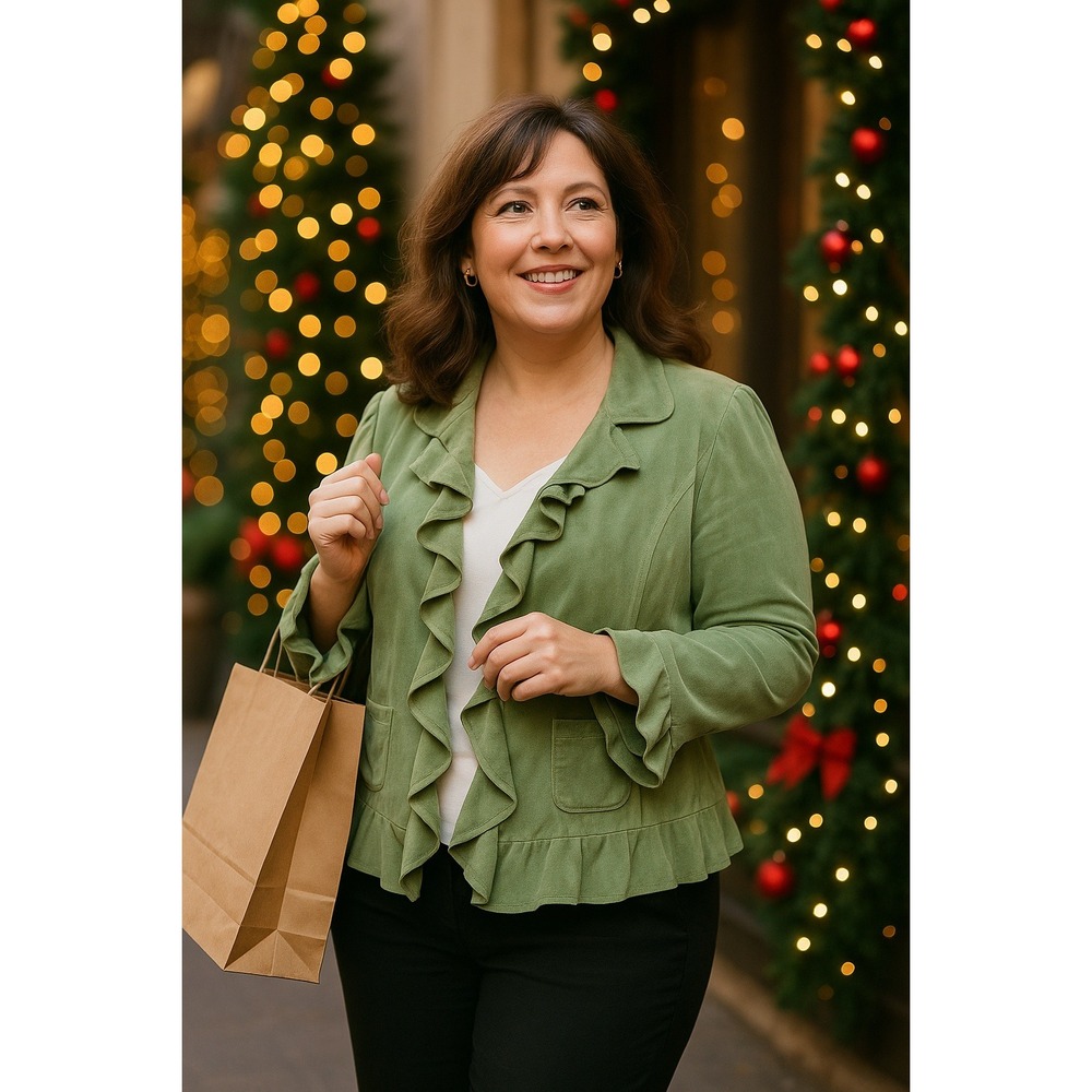 Professional Boss Polished Soft Sage Green FauxSuede Waterfall Ruffle 10 Jacket